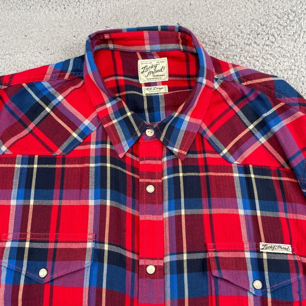 Lucky Brand Shirt Mens XXL Red Plaid Distinctive Western Pearl Snap Flannel